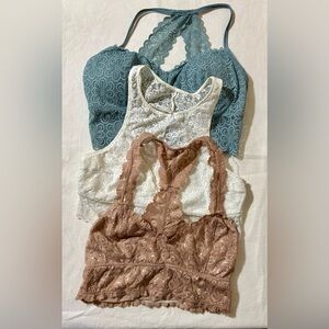 Set of 3 Lace Bralette Set in hollister Blue L, aerie White M, and PQLA Brown L